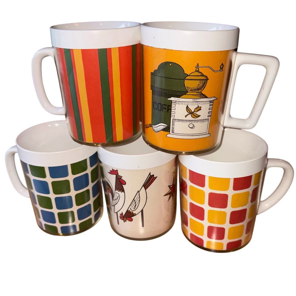 Vintage Thermo-Serv Insulated Plastic Coffee Mugs Set of 5‎ MCM Retro 1970s Mod